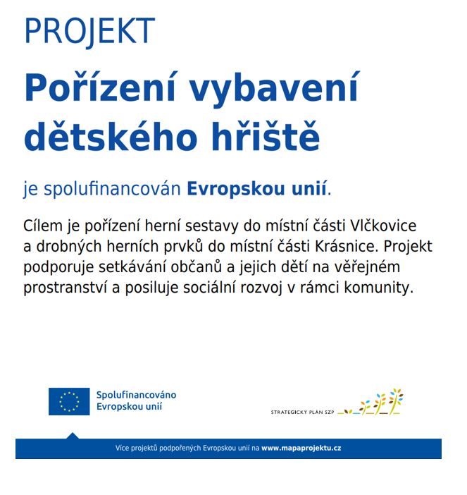 Obrázek s informacemi o propagaci dotace Pořízení vybavení dětského hřiště