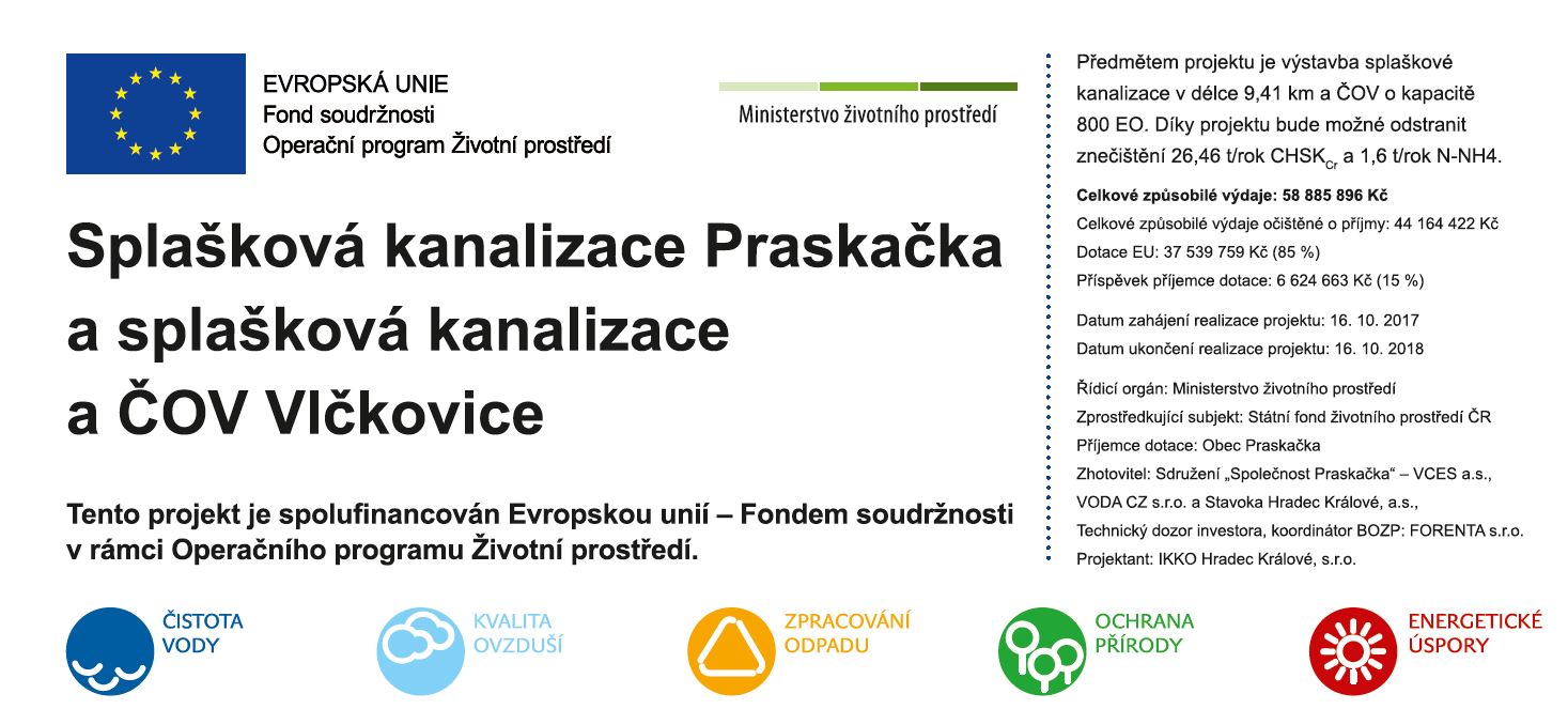 Obrázek s informacemi o Splašková kanalizace Praskačka a splašková kanalizace a ČOV Vlčkovice